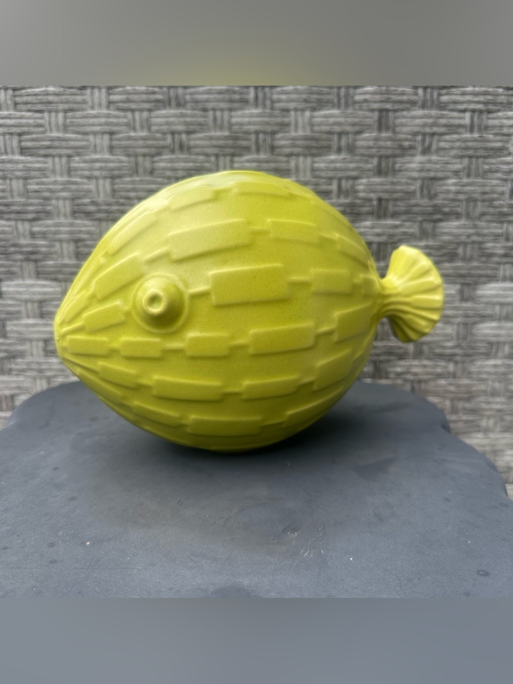 Vintage 1990s Jonathan Adler Citrine Lime Green Ceramic Puffer Fish RARE